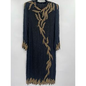 Jewel Queen Black Gold Pure Silk Glass Beaded Crew Neck Gown Dress Size Large